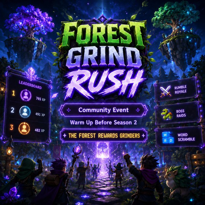 Promotional artwork for a 'Forest Grind Rush' Community Event with subtitle 'Warm Up Before Season 2' and 'The Forest Rewards Grinders', featuring a leaderboard and game modes like Rumble Royale and Boss Raids.