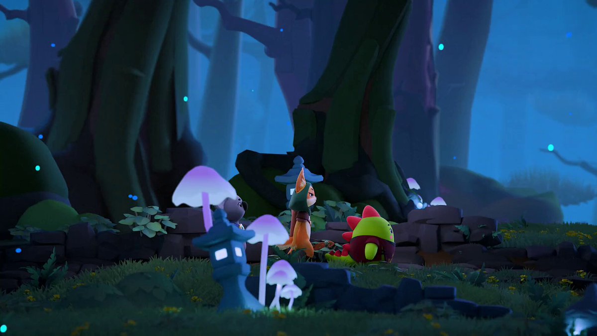 The image features a group of mushrooms, including one with a hat on its head, situated among trees and rocks. There are also two people present in the scene, possibly mushroom hunters or mushroom enthusiasts. The background includes a forest setting with trees and rocks, creating an immersive environment for the viewer.