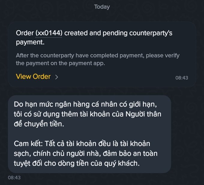 A mobile notification showing a pending payment order (xx0144) at 08:43, with a Vietnamese message explaining the use of a family member's bank account due to personal limit restrictions.