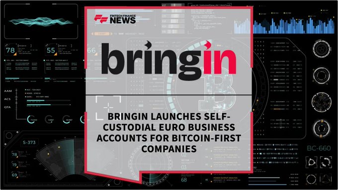 A news graphic from "Enterprise News" displays the headline "Bringin Launches Self-Custodial Euro Business Accounts for Bitcoin-First Companies" against a futuristic HUD-style background, promoting the company's invite-only beta launch of euro vIBAN and SEPA services paired with self-custody wallets for Tallinn-based Bitcoin businesses.