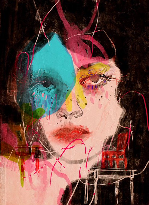An expressive mixed-media portrait of a woman's face with abstract colorful elements, featuring a prominent blue tear-like shape over one eye.