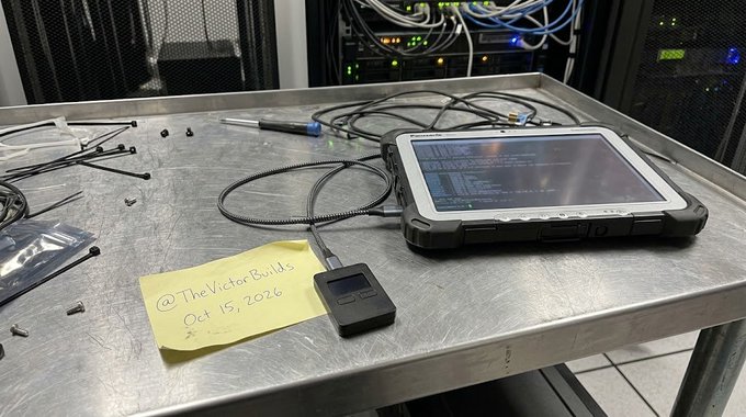 A tablet displaying code is connected to a small device on a metal table in what appears to be a server room, with a yellow sticky note reading '@TheVictorBuilds Oct 15, 2026' placed next to the device.