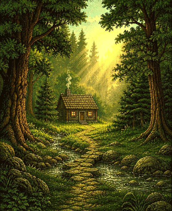 A pixel art style image of a cozy wooden cabin in a sunlit forest with a stream flowing through the foreground.