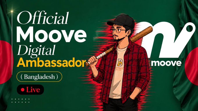 Promotional graphic featuring an illustrated character in a plaid shirt holding a baseball bat, with text reading 'Official Moove Digital Ambassador (Bangladesh)' and 'Live' on a Bangladesh flag background.