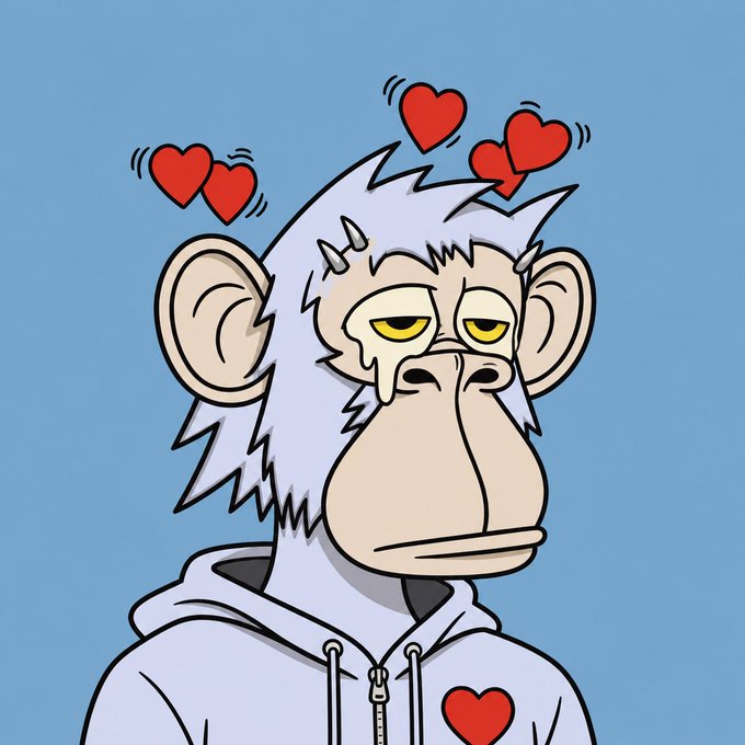A cartoon illustration of a bored-looking white monkey with red hearts floating above its head, wearing a hoodie with a heart on it.