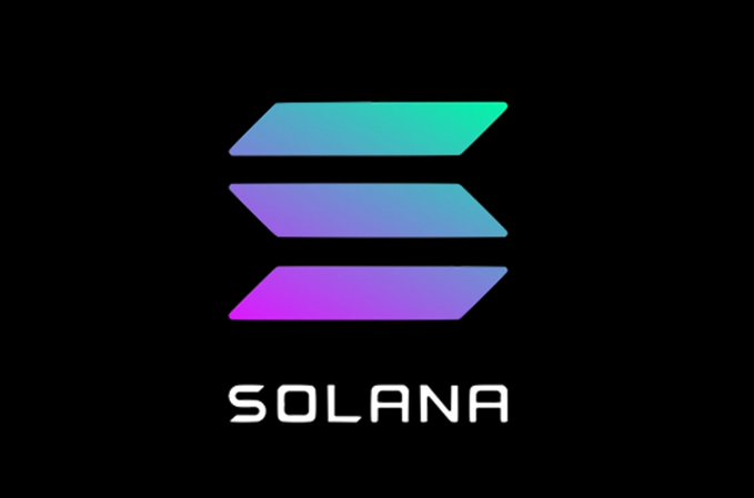 The image displays the Solana cryptocurrency logo, featuring a stylized three-bar emblem in purple-to-green gradient colors above the word 'SOLANA' on a black background.