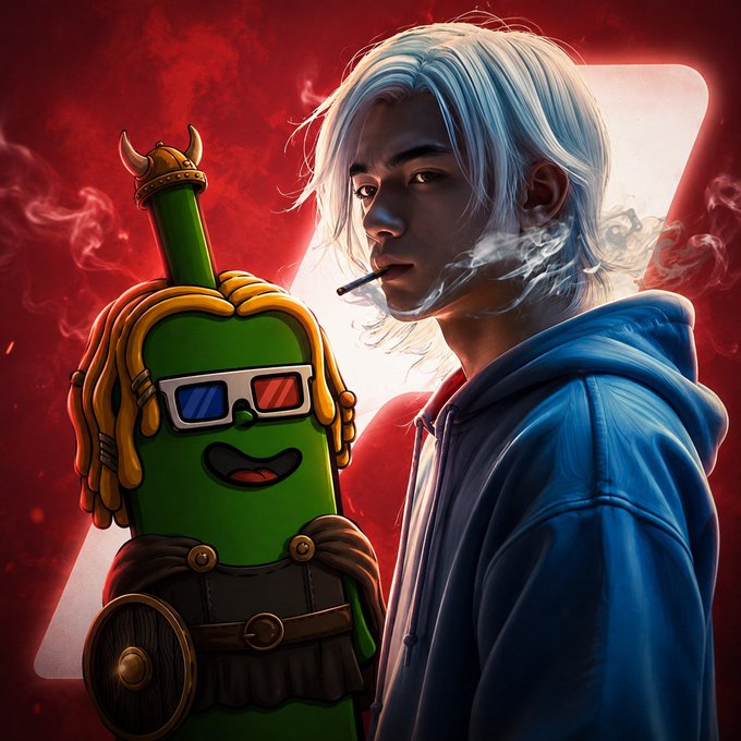 A digital artwork featuring a character with long white hair smoking a cigarette in a blue hoodie next to a green pickle-like character with blonde hair wearing 3D glasses and armor against a red background.