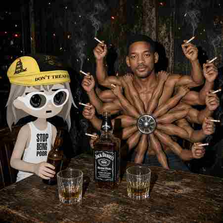 A surreal composite image featuring a cartoon character in 'DON'T TREAD ON ME' hat and 'STOP BEING POOR' shirt beside a multi-armed figure smoking cigarettes around a Jack Daniel's bottle.