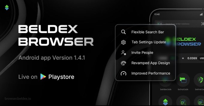 A promotional graphic for the 'BELDEX BROWSER' Android app Version 1.4.1, highlighting features like 'Flexible Search Bar,' 'Tab Settings Update,' and 'Improved Performance,' available on the Play Store.