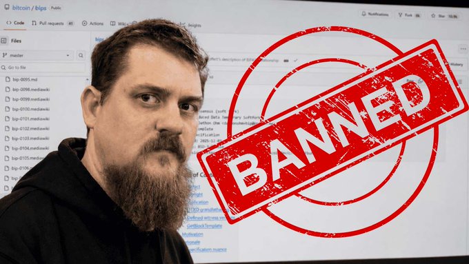 A bearded man in a black hoodie stands in front of a Bitcoin BIPs repository on GitHub, with a large red 'BANNED' stamp overlaid on the image.