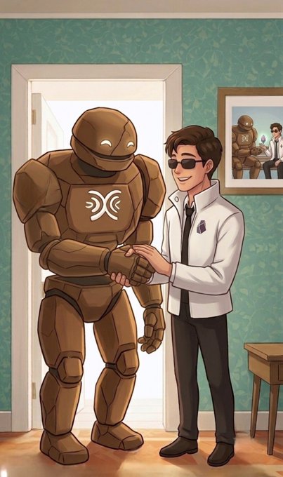 A digital illustration showing a man in a white lab coat and sunglasses shaking hands with a bulky, bronze-colored robot inside a room.