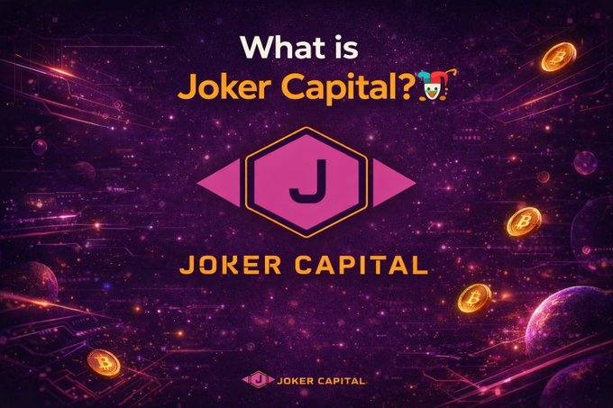 A purple-themed graphic asking 'What is Joker Capital?' featuring a hexagonal 'J' logo and 'JOKER CAPITAL' text, surrounded by floating Bitcoin coins in a cosmic background.
