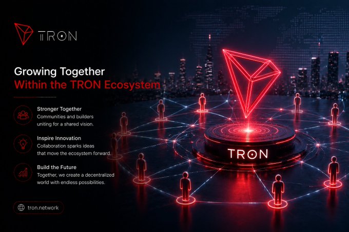 A promotional graphic for TRON titled 'Growing Together Within the TRON Ecosystem' featuring a red neon TRON logo, a network of connected people figures, and points about being 'Stronger Together', 'Inspire Innovation', and 'Build the Future'.