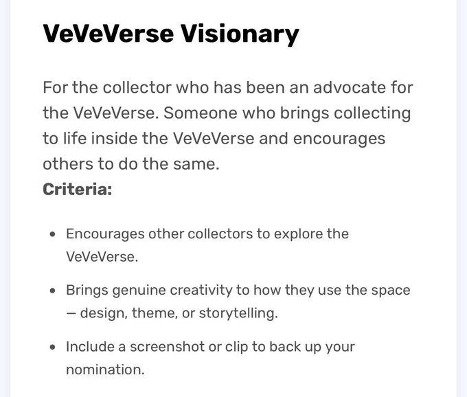 A document titled 'VeVeVerse Visionary' outlines nomination criteria for a collector who advocates for the VeVeVerse, encouraging others to explore it with genuine creativity in design, theme, or storytelling.