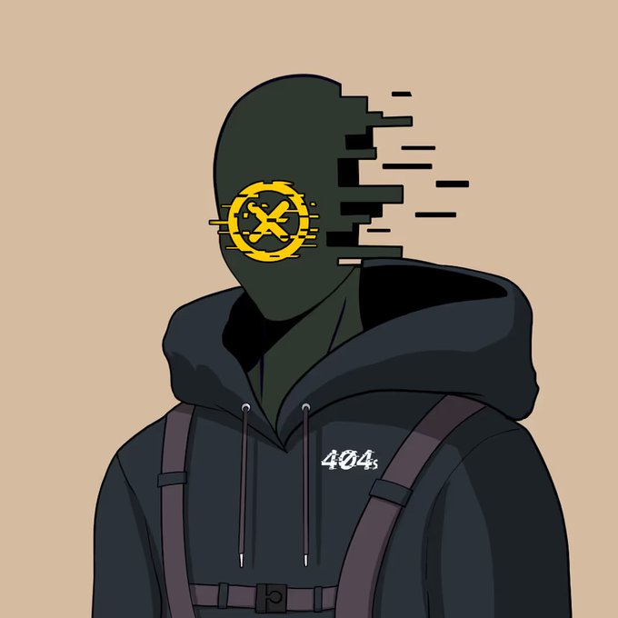 A digital illustration of a hooded figure with a glitching/distorting head, a yellow gear-like emblem for a face, wearing a hoodie marked '404s' with straps across the chest.