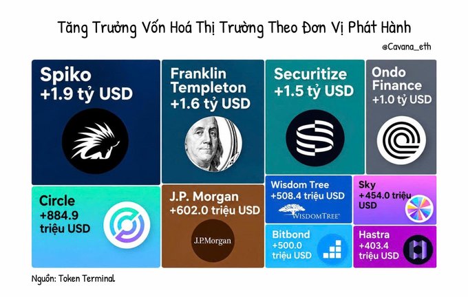 An infographic titled "Tăng Trưởng Vốn Hoá Thị Trường Theo Đơn Vị Phát Hành" by @Cavena_eth, detailing market cap growth for issuers like Spiko (+1.9 tỷ USD), Franklin Templeton (+1.6 tỷ USD), Securitize (+1.5 tỷ USD), and Ondo Finance (+1.0 tỷ USD), sourced from Token Terminal.