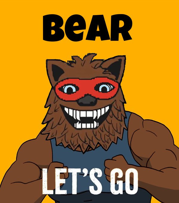 A cartoon muscular brown bear wearing a red superhero mask grins fiercely against a yellow background, with bold black "BEAR" text above and white "LET'S GO" text below. The image's energetic, rallying energy reinforces the post's message that the $BEAR token was built for the community, projecting strength and readiness.