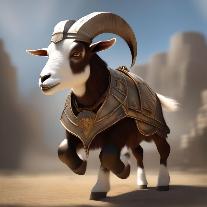 The image features a cartoon goat wearing armor and running across a sandy area with mountains in the background. The goat appears to be in motion, possibly running away or galloping through the desert landscape. The scene captures the essence of an adventurous journey, as if the goat is on a quest for treasure or exploring new territories.