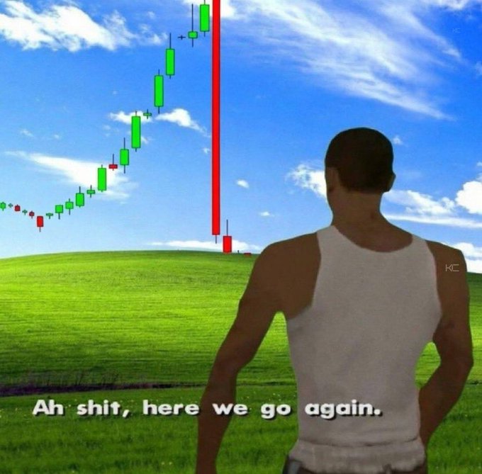 A muscular man stands with his back to the viewer on a green hillside under a blue sky, facing a stock chart with a long upward trend of green candles followed by a massive red sell-off candle. The caption reads "Ah shit, here we go again," capturing the post's "GM X fam, here we go again" sentiment about repeated market crashes.