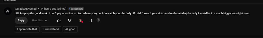 A YouTube comment from user @BlackoutNomad (1 subscribers, 14 hours ago) reads: "LOL keep up the good work. I don't pay attention to discord everyday but I do watch youtube daily. If I didn't watch your video and reallocated alpha early I would be in a much bigger loss right now." The comment supports the creator's emphasis on staying informed through YouTube for $TAO updates, reinforcing their point that @opentensor doesn't communicate major news consistently enough through other channels.