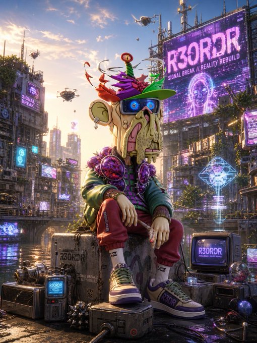 The image features a cartoon character wearing sunglasses and a hat with a face painted on it, sitting on top of a box surrounded by various objects such as a TV, a phone, and a suitcase. The scene takes place in an urban setting with buildings visible in the background. The caption to the image reads "Goodnight legends and have a wonderful night Keep quacking on @wallchain & @quipnetwork Btw sitting here without a WL for the @R3ORDR mint, what a pitty who else need one?".