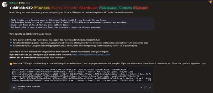 A Twitter/X post from BENZZ about YieldFields GTD Founders, mentioning a collection of 3,333 NFTs on Robinhood Chain with rewards from $25k prize pool, including raffle details.