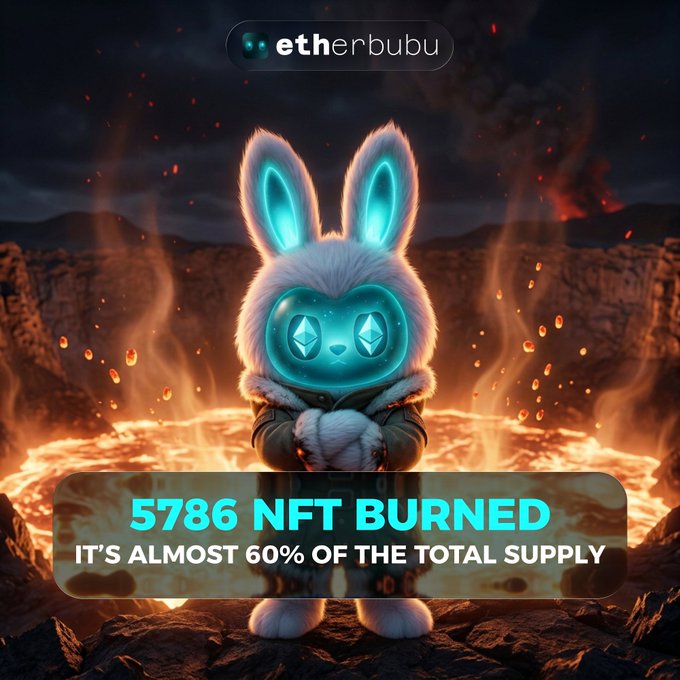 A digital artwork features a fluffy white rabbit character with glowing cyan eyes and crystal-shaped pupils, standing dramatically amid a fiery volcanic landscape. The image is branded with "etherbubu" at the top and prominently displays "5786 NFT BURNED" with "IT'S ALMOST 60% OF THE TOTAL SUPPLY" below, visually reinforcing the post's announcement about the NFT burn milestone.
