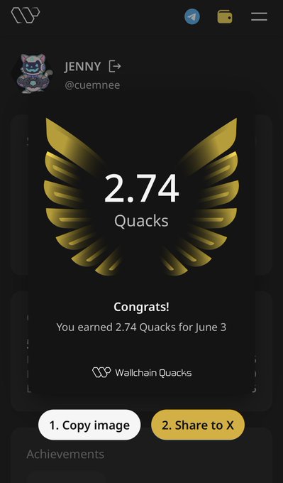The image shows a phone screen with an award for Quacks, specifically 2.74 Quacks. The user has earned this achievement by participating in a challenge or competition that required them to complete a certain number of Quacks within a specific time frame. The app is designed to recognize and reward users who meet the requirements, providing them with points or badges as they achieve their goals. In the image, there are two buttons: one labeled "Copy" and another labeled "Share to X". These buttons allow users to share their achievements on social media platforms or with friends, further promoting the app's recognition of Quacks accomplishments.