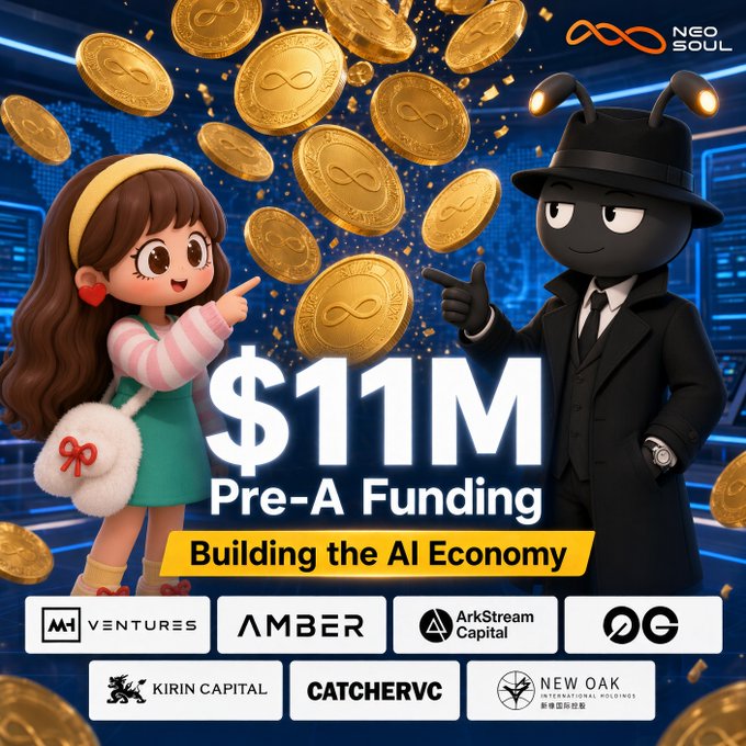 Promotional graphic for Neo Soul announcing an $11M Pre-A Funding round with the tagline 'Building the AI Economy', featuring cartoon characters and gold coins with infinity symbols, listing investors including M Ventures, Amber, Arkstream Capital, Kirin Capital, CatcherVC, and New Oak International Holdings.