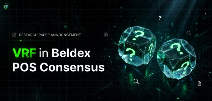 A digital announcement banner reading 'VRF in Beldex POS Consensus' with green question mark dice graphics against a dark tech-themed background.