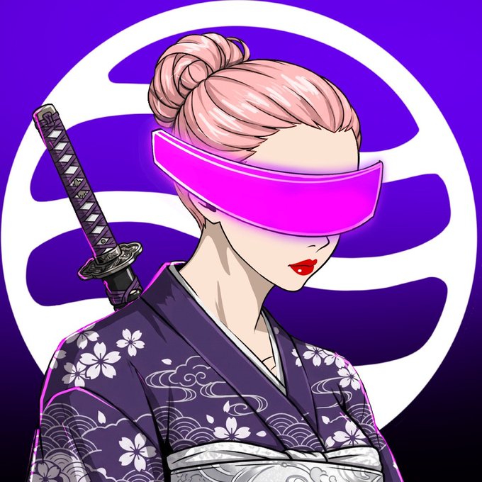 A stylized illustration of a woman with pink hair in a bun, wearing a pink VR headset and a dark floral kimono, with a katana sword visible behind her back against a purple spiral logo.