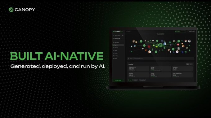The image displays a promotional graphic for Canopy (CNPY Network) with the headline "BUILT AI-NATIVE" and tagline "Generated, deployed, and run by AI," alongside a laptop screen showing the Canopy dashboard interface. This visually reinforces the post's message by highlighting Canopy's AI-driven infrastructure as a foundation for long-term ecosystem engagement, suggesting that the platform's native AI capabilities are designed to sustain developer, creator, and user participation beyond short-term hype.