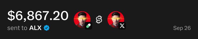The image shows a $6,867.20 payment sent to ALX (verified with a checkmark) on September 26, between two anime-style profile icons. Notably, the amount far exceeds the $1,000 promised in the post, suggesting this is a follow-up that proves a $1,000+ payout to multiple recipients as part of the market cap challenge.