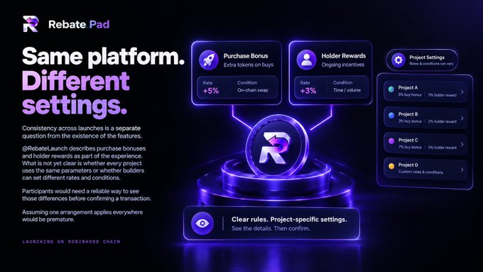 A dark neon “Rebate Pad” infographic reads “Same platform. Different settings.” and compares purchase bonuses, holder rewards, and project-specific settings.