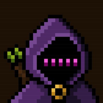 A pixel art sprite of a hooded purple figure with a dark face, glowing pink rectangular eyes, and a golden buckle, holding a small green staff.