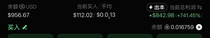 A trading portfolio screenshot showing a balance of $956.67 USD, current purchase/average of $112.02/$0.013, and a total profit of +$842.98 (+741.45%) with 0.016759 remaining on Binance, visually reinforcing the post's boast about turning an investment from 100 to 800 and their continued bullish stance on the coin.