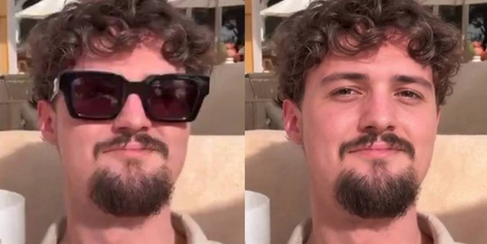 The image shows two men with curly hair wearing sunglasses. The man on the left side of the frame has a beard and is wearing black sunglasses, while the other man on the right side also has curly hair but without a beard or sunglasses. Both men are sitting in chairs, which can be seen in both photos.