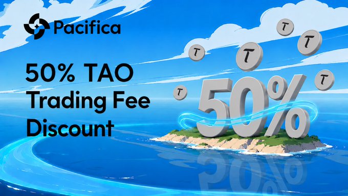 The image displays an advertisement for Pacifica, which offers a 50% discount on trading fees of the cryptocurrencyTAO. The advertisement features a picture of a beach with ocean waves and a small island in the background. In addition, there are eight coins scattered throughout the scene.