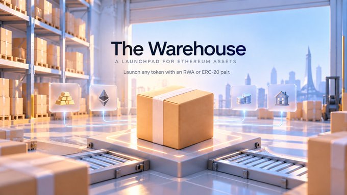 A 3D-rendered promotional graphic titled "The Warehouse - A Launchpad for Ethereum Assets" with the tagline "Launch any token with an RWA or ERC-20 pair," depicting a cardboard box on a conveyor belt with floating icons of gold bars, Ethereum, buildings, and houses.