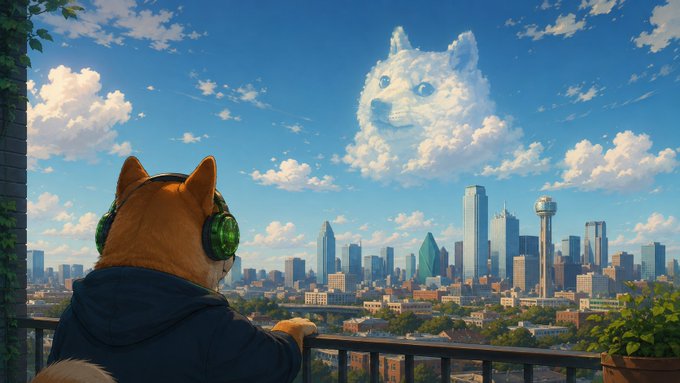 An anthropomorphic Shiba Inu dog wearing green headphones and a blue hoodie looks out over a city skyline, where a large cat's face is formed by the clouds.