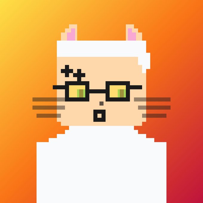 A pixel art image featuring a surprised-looking white cat wearing glasses and a white hoodie, set against an orange gradient background. The whimsical character illustration complements the post's announcement about cat-themed wallet uploads and an upcoming mint collaboration on OpenSea.