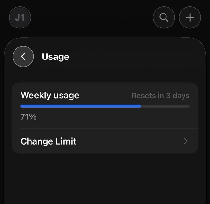 A dark-mode mobile app interface (J1) showing 'Weekly usage' at 71% with a progress bar and an option to 'Change Limit', resetting in 3 days.