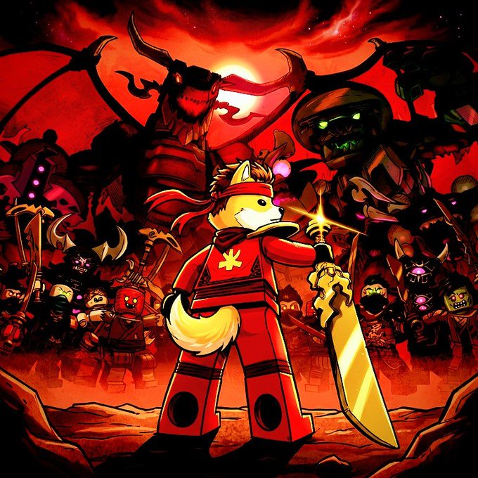 Vibrant artwork from the NFT project 'Shiba Mint' features an anime-style fox character in red samurai armor wielding a golden sword, surrounded by various demonic NFT characters against a fiery red background.