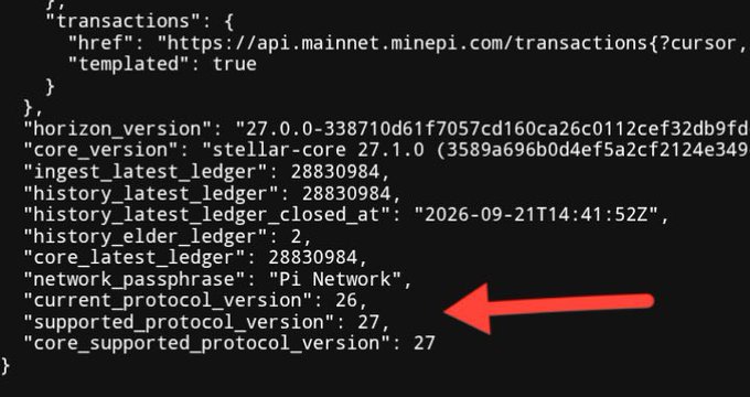 A JSON code snippet displaying Pi Network mainnet details, with a red arrow pointing to a supported protocol version of 27.