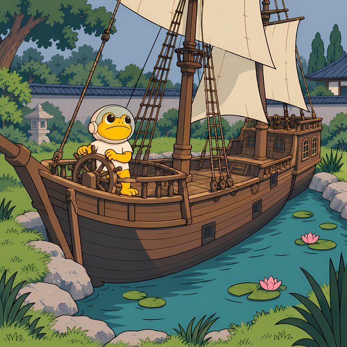 A cartoon illustration of a yellow frog-like character wearing a white spacesuit cap at the helm of a wooden sailing ship docked in a pond with lotus flowers and a Japanese-style garden.