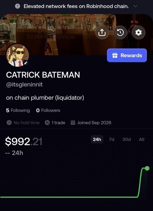 Mobile app screenshot of a profile for "CATRICK BATEMAN" (@itsglennit), described as an "on chain plumber (liquidator)", showing a portfolio value of $992.21 with 5 Following, 0 Followers, and a sharp upward green chart line.