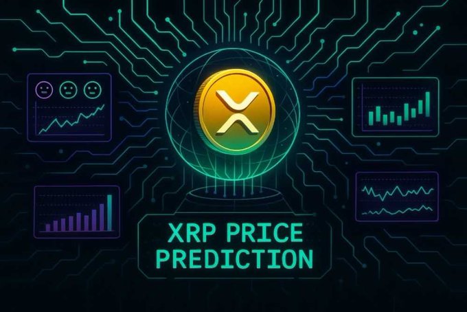 A digital graphic titled 'XRP PRICE PREDICTION' featuring the XRP cryptocurrency logo surrounded by various chart visualizations on a circuit board background.