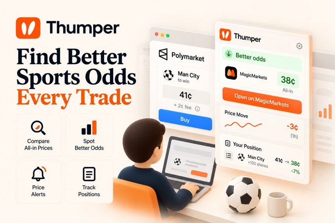 Advertisement for Thumper, a sports betting odds comparison app, showing a 3D illustration of a person at a laptop comparing odds between Polymarket (41¢ for Man City to win) and MagicMarkets (38¢).