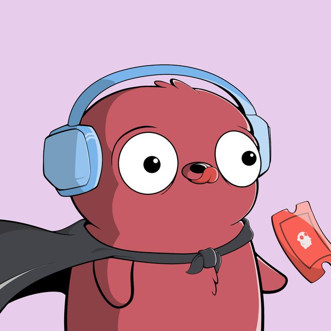 A cartoon illustration of a reddish-brown dog-like character wearing blue headphones and a black cape, sticking its tongue out while holding a red card with a skull symbol.