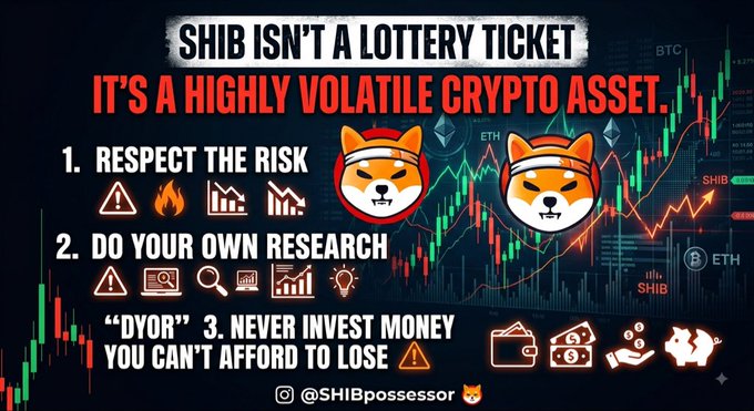The image is a financial caution graphic with the headline "SHIB ISN'T A LOTTERY TICKET, IT'S A HIGHLY VOLATILE CRYPTO ASSET," listing three investor rules: "1. Respect the Risk," "2. Do Your Own Research," and "3. Never Invest Money You Can't Afford To Lose." It features Shiba Inu dog mascots, Bitcoin (BTC) and Ethereum (ETH) candlestick charts in the background, and is credited to "@SHIBpossessor," visually reinforcing the post's warning about treating $SHIB as a serious, risky investment rather than a gamble.